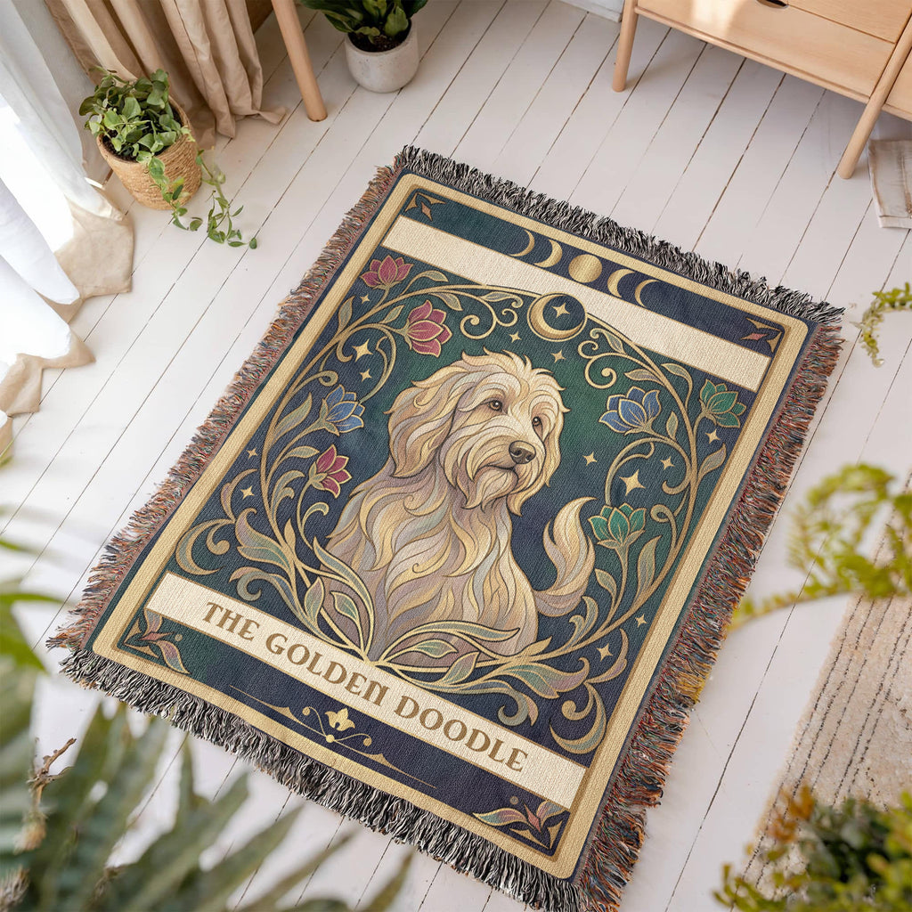 🐾 Woven Blanket Tarot Card - Golden Doodle Stained Glass