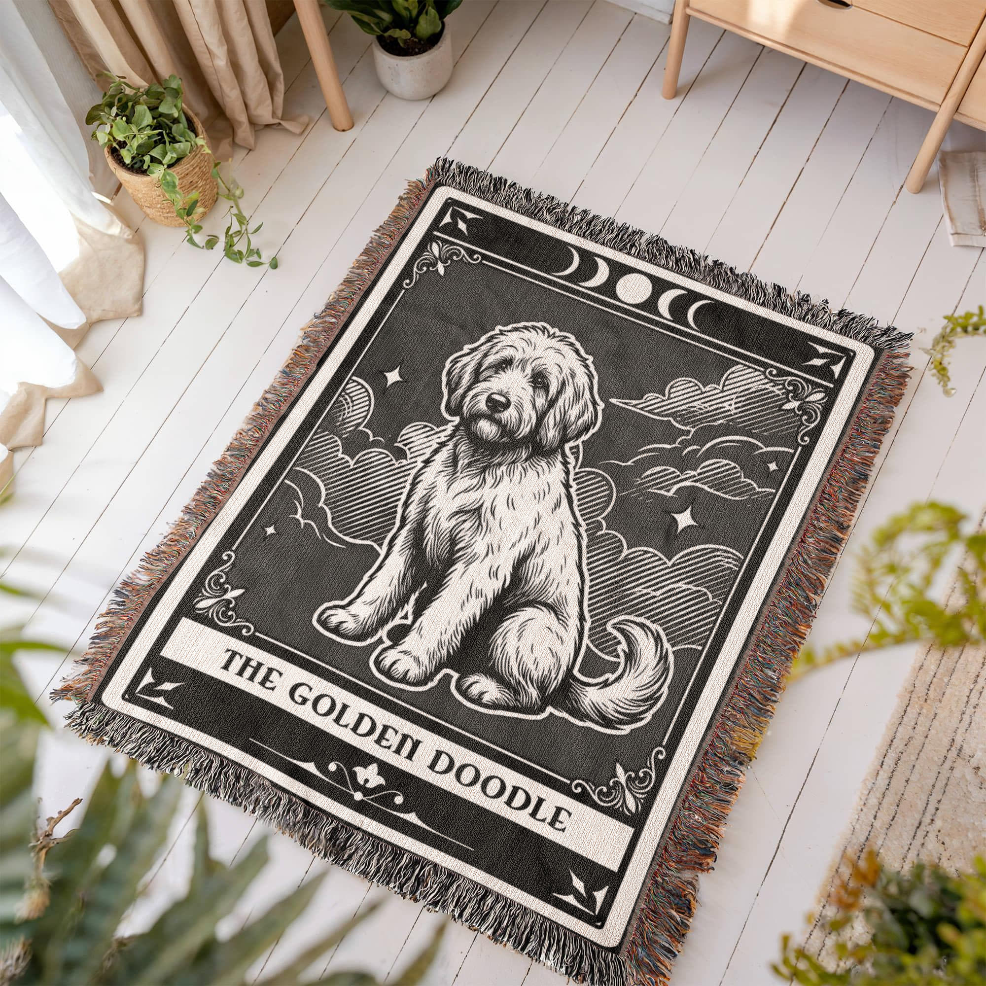 🐾 Woven Blanket Tarot Card - Golden Doodle Black&W