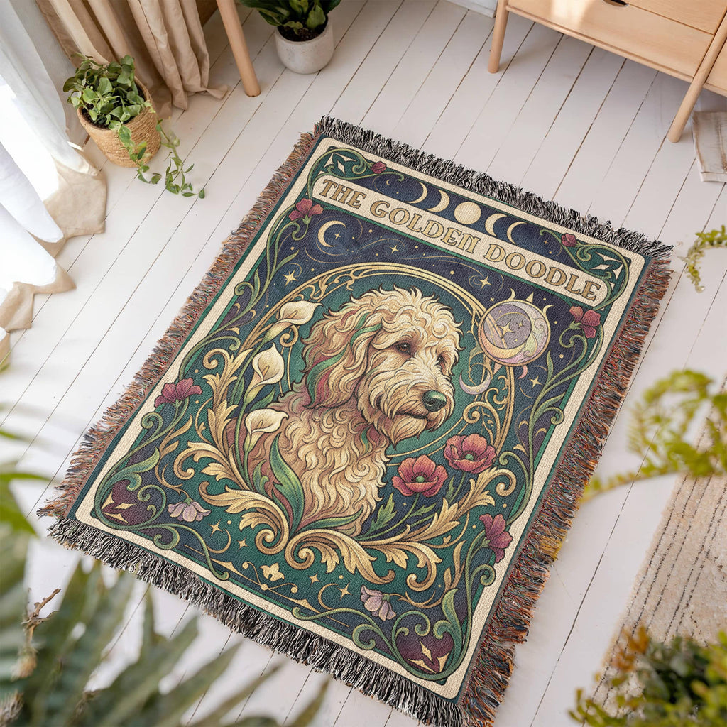 🐾 Woven Blanket Tarot Card - Golden Doodle Lillies