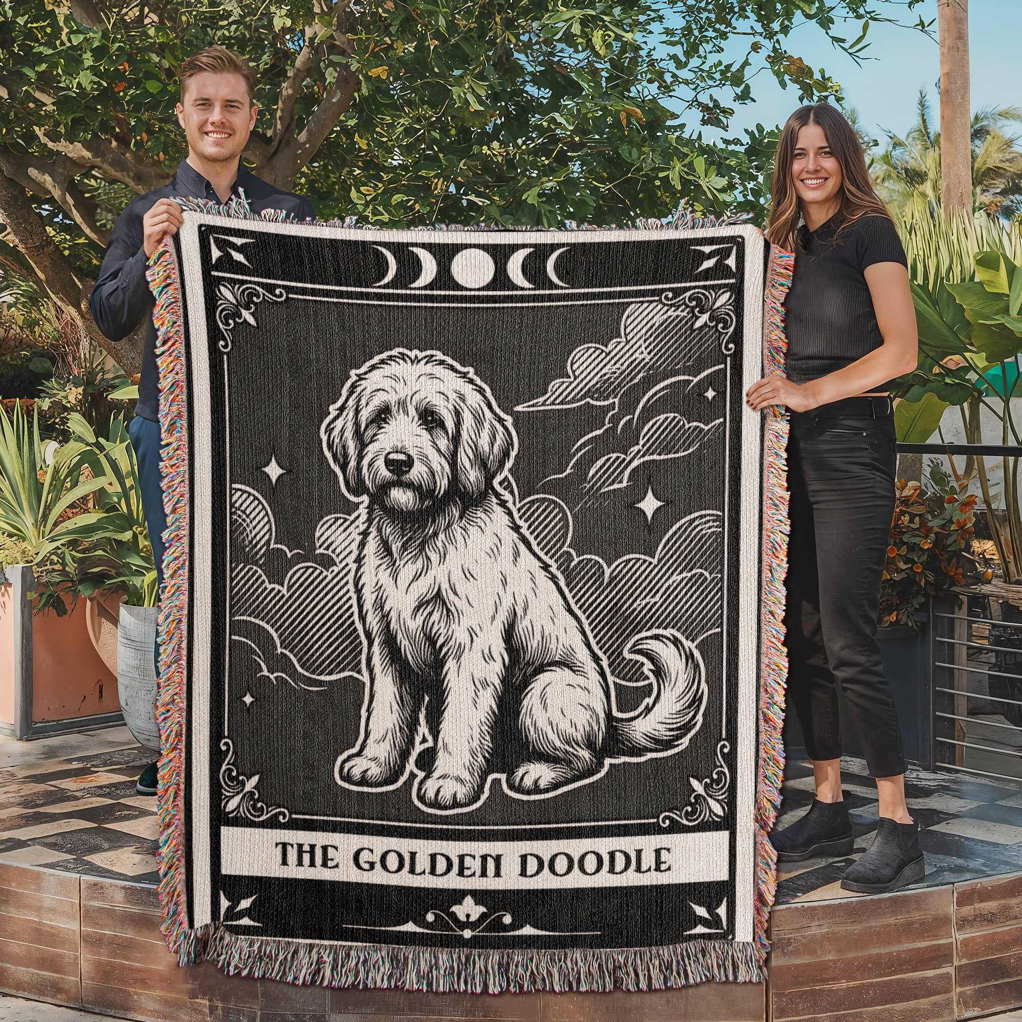 🐾 Woven Blanket Tarot Card - Golden Doodle Black&W