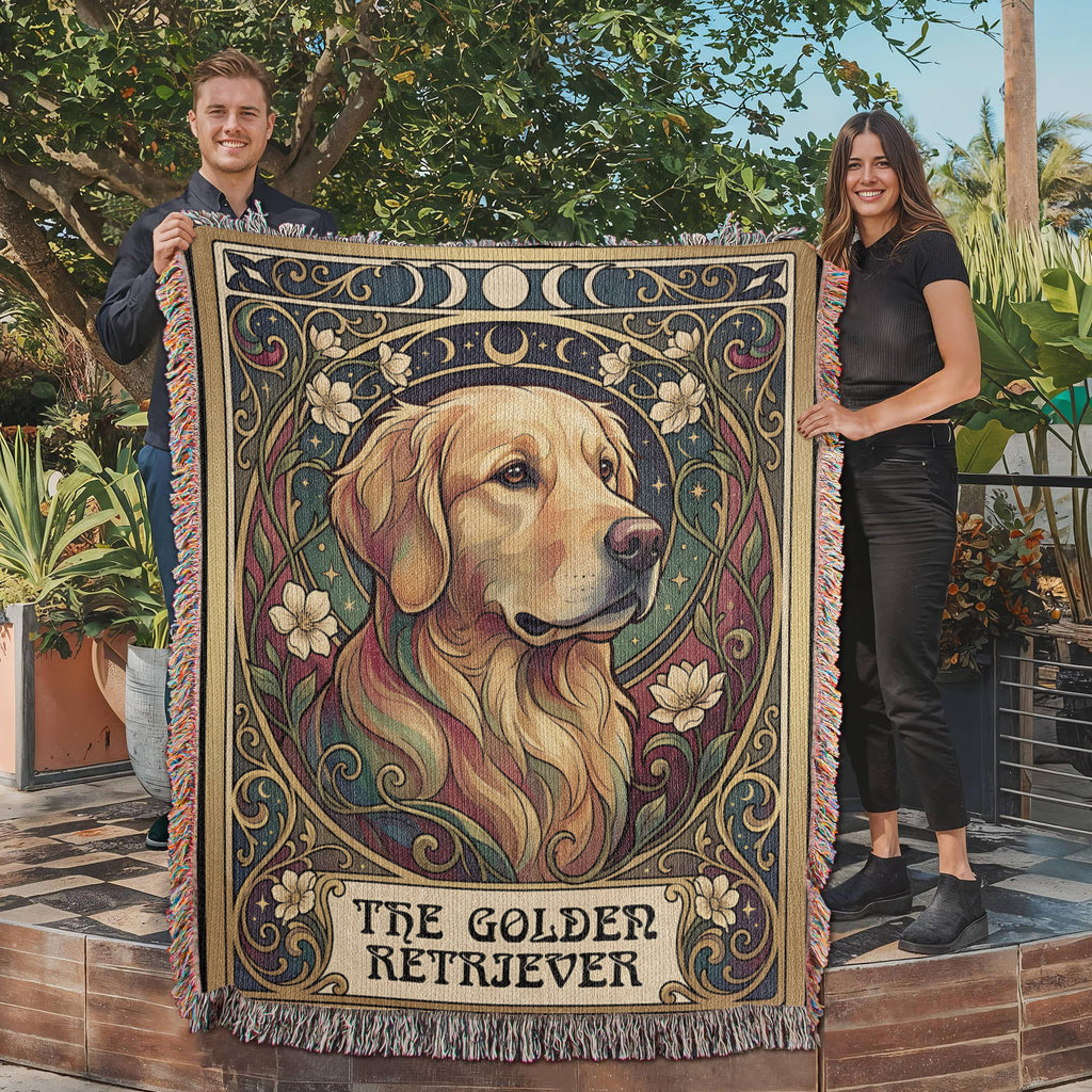 🐾 Woven Blanket Tarot Card - Golden Retriever Gold Frame with flowers