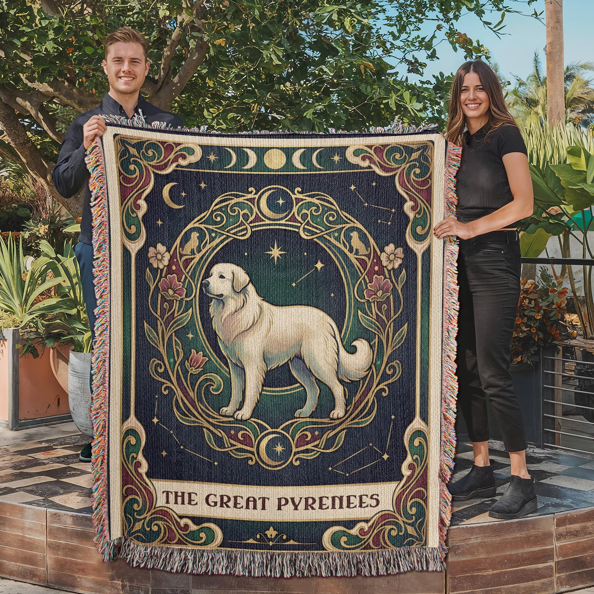 🐾 Woven Blanket Tarot Card - Great Pyrenees Green and Gold