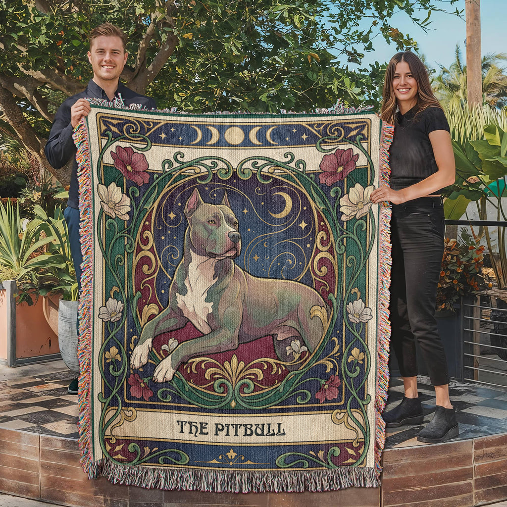 🐾 Woven Blanket Tarot Card - Pitbull laying with flowers