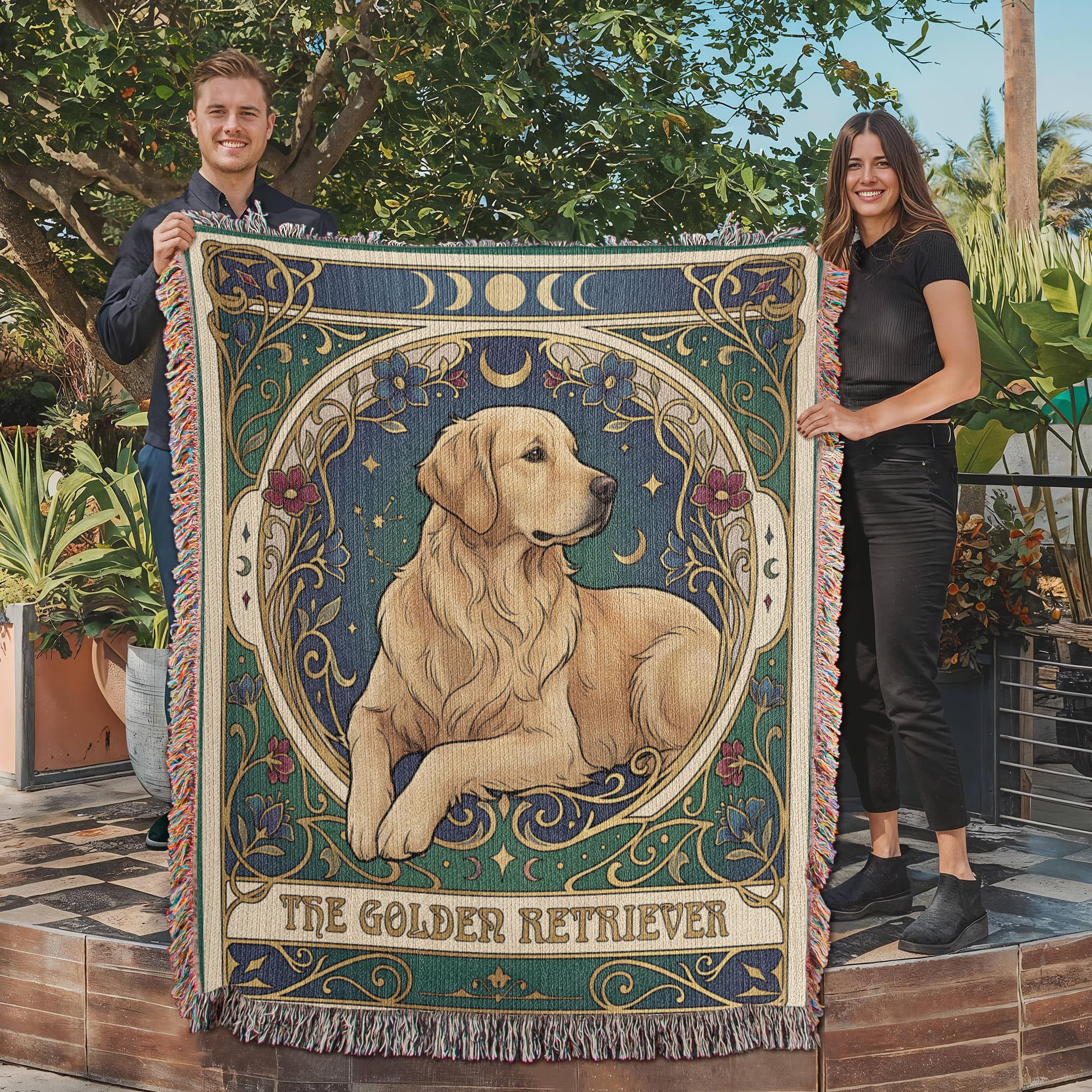 🐾 Woven Blanket Tarot Card - Golden retriever golden with red flowers