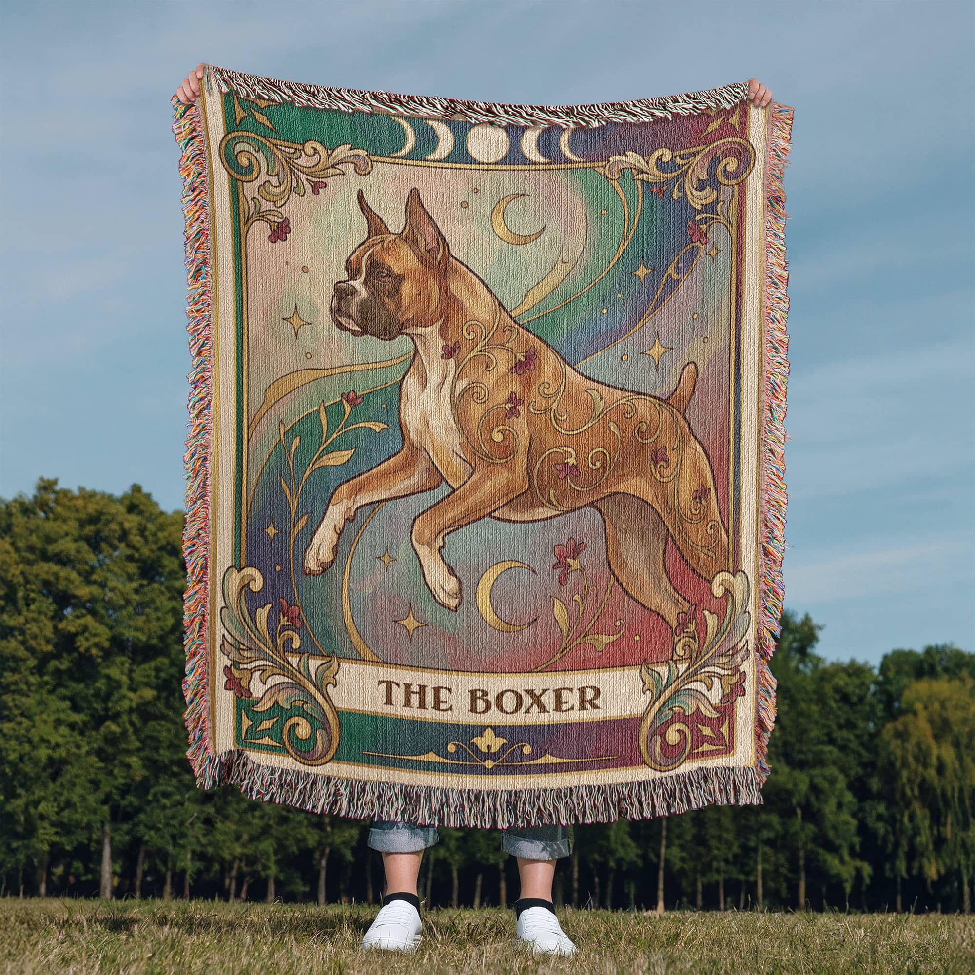 🐾 Woven Blanket Tarot Card - Boxer Rainbow