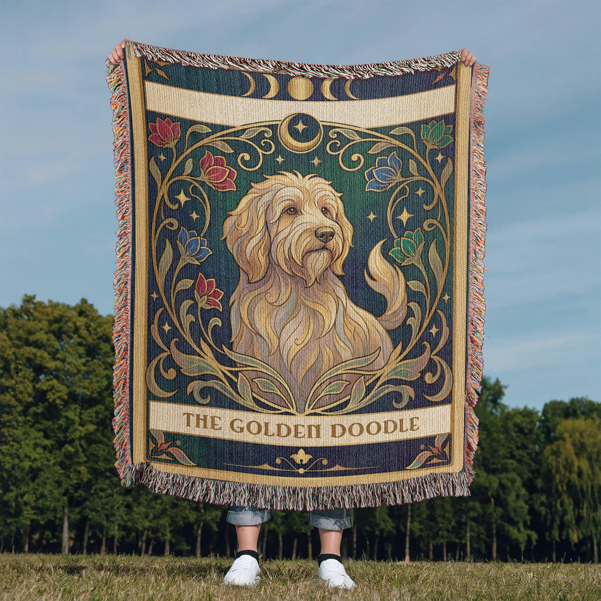 🐾 Woven Blanket Tarot Card - Golden Doodle Stained Glass