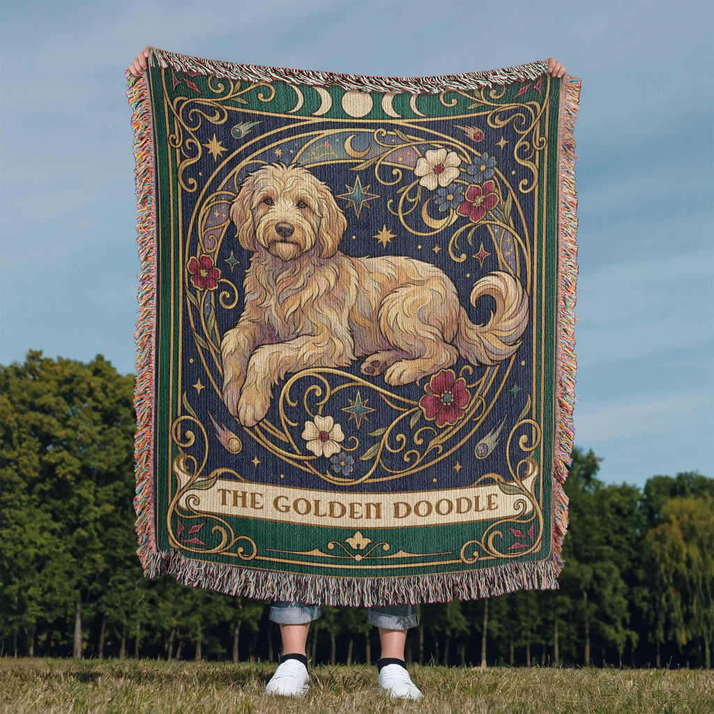 🐾 Woven Blanket Tarot Card - Golden Doodle Laying in flowers