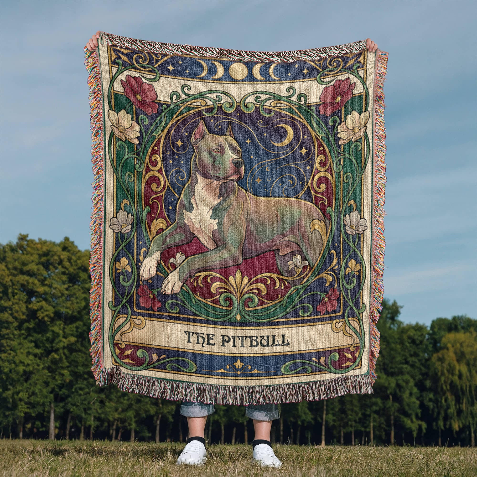 🐾 Woven Blanket Tarot Card - Pitbull laying with flowers
