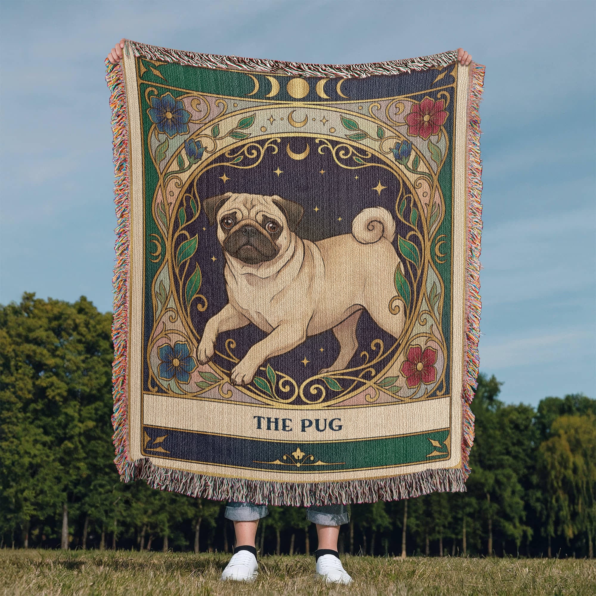 🐾 Woven Blanket Tarot Card - Pug Stained Glass