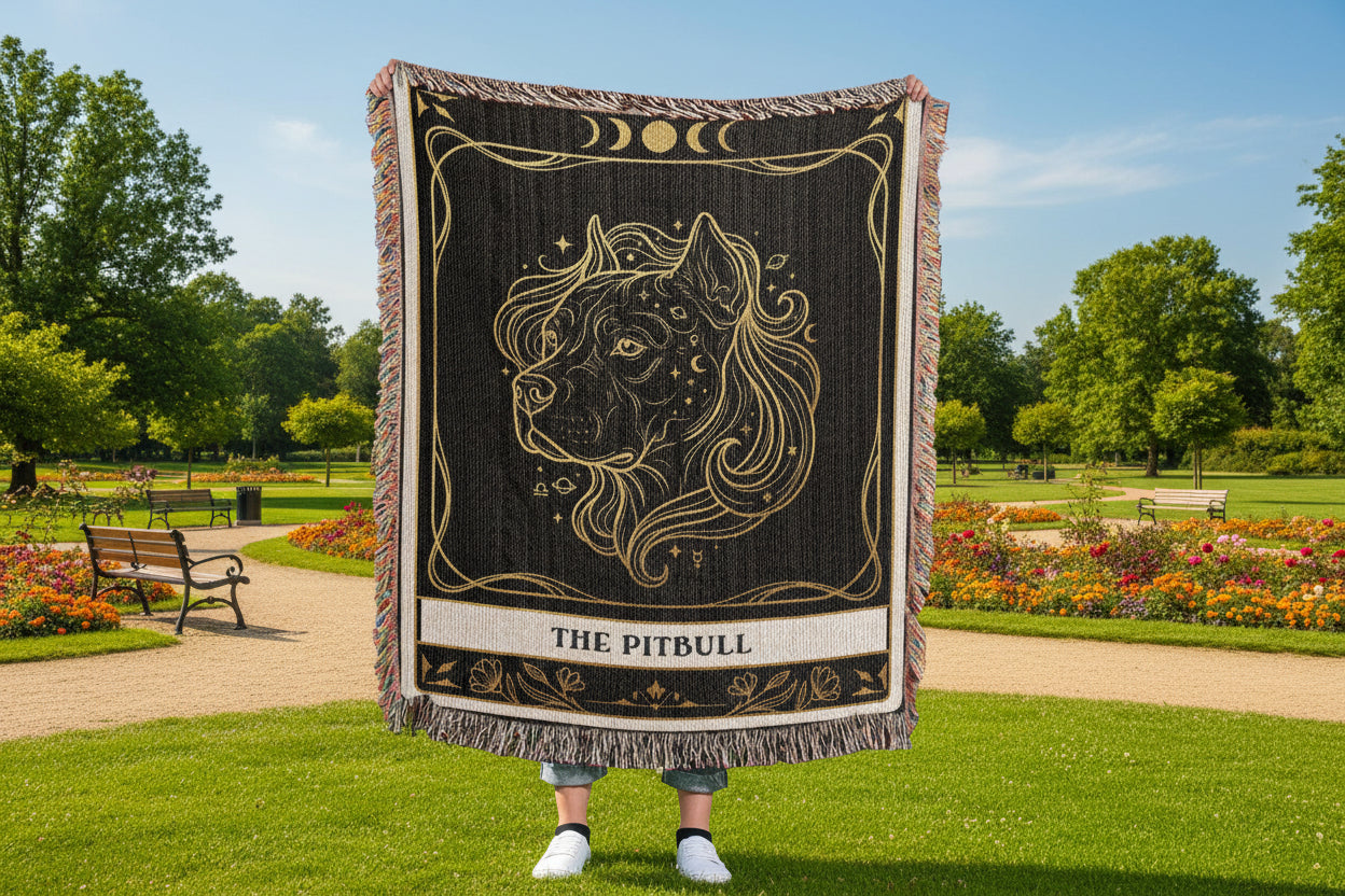 🐾 Woven Blanket Tarot Card - Pitbull Celestial Head Shot