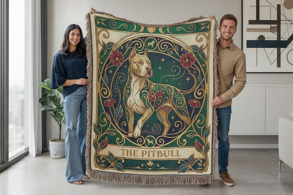 Two people holding a decorative blanket with a pitbull design in a modern living room.