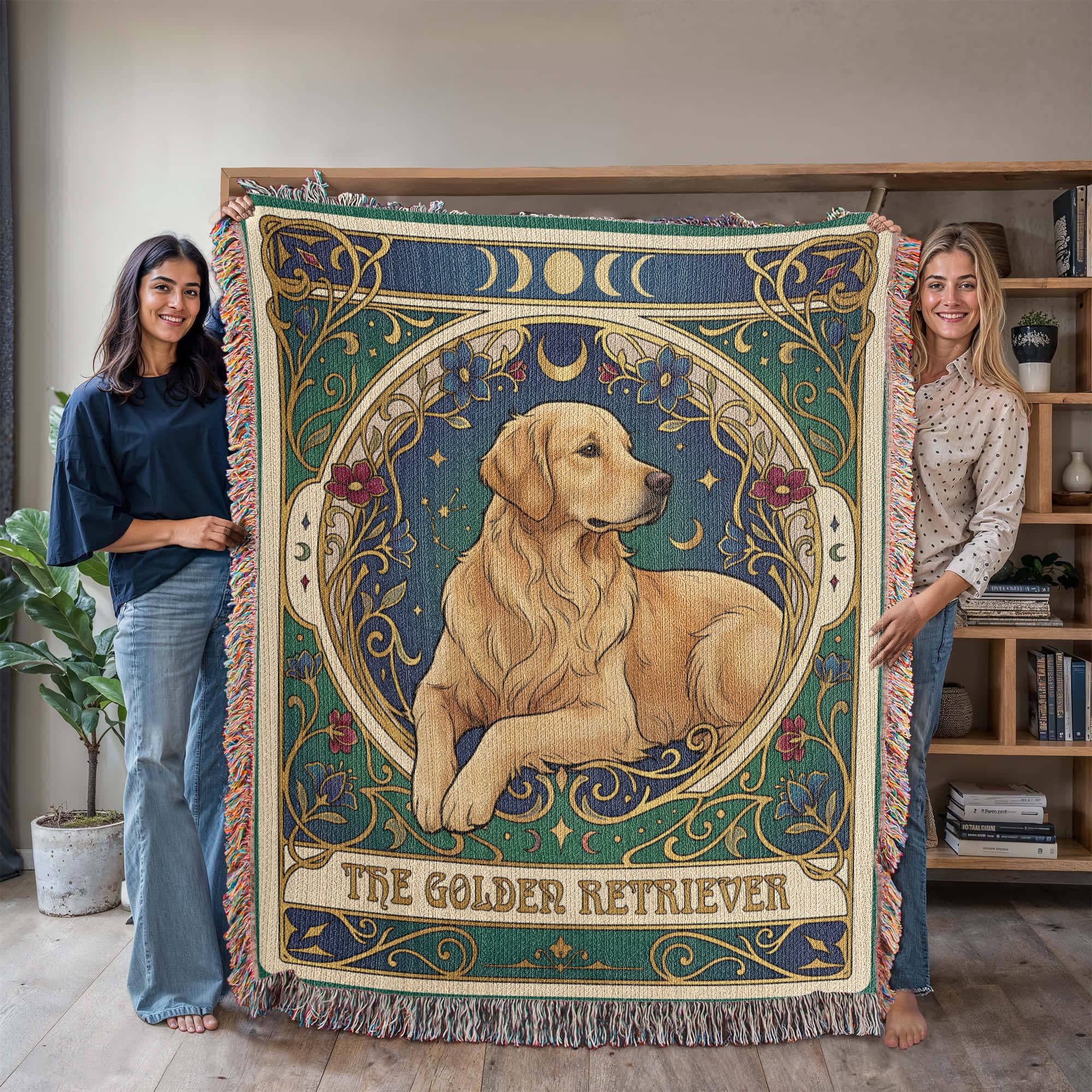 🐾 Woven Blanket Tarot Card - Golden retriever golden with red flowers