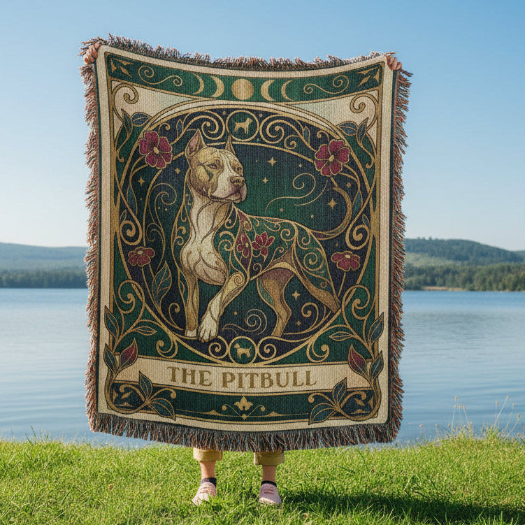 Decorative blanket with a dog design held by a person by a lake