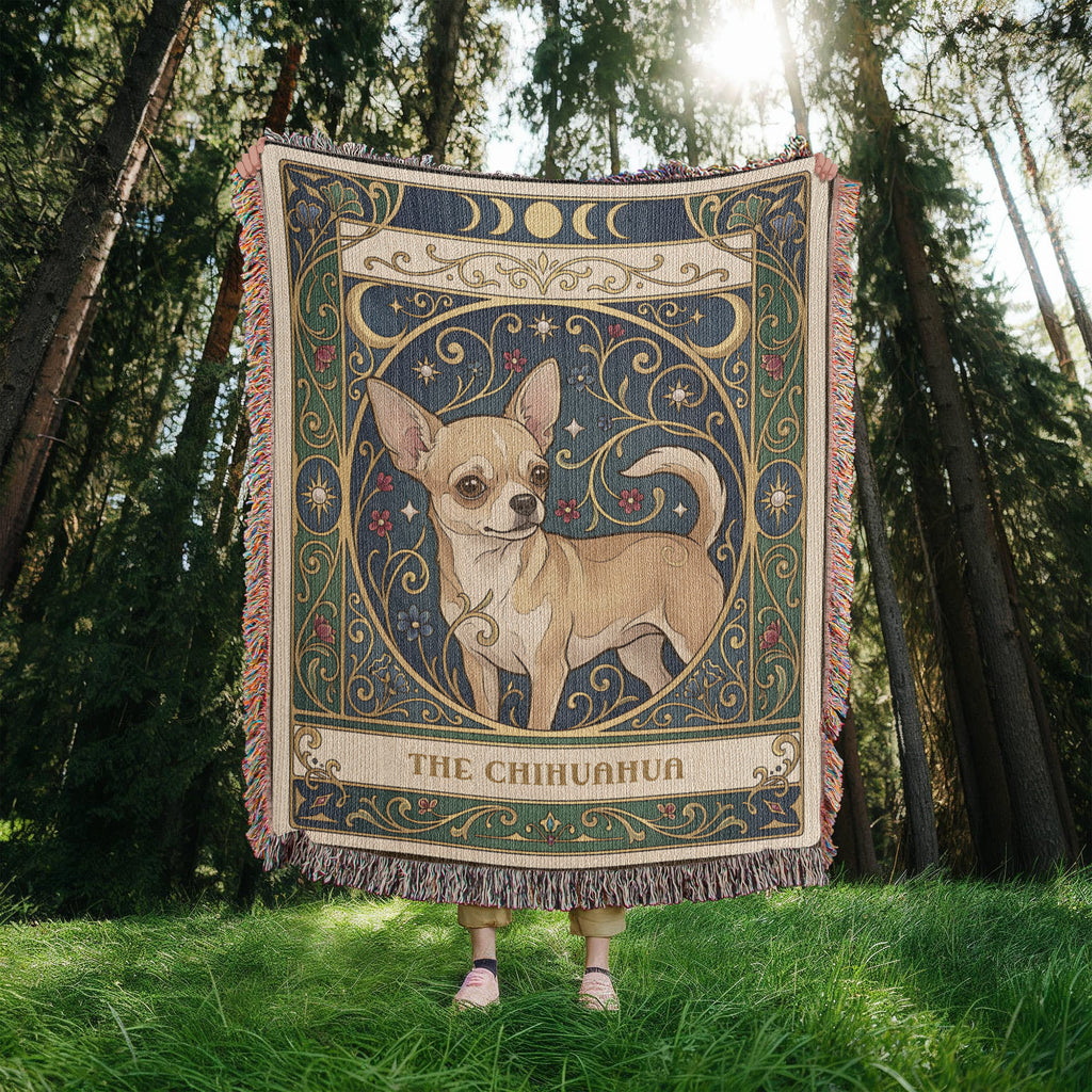 🐾 Woven Blanket Tarot Card - Chihuahua Golden Flowers
