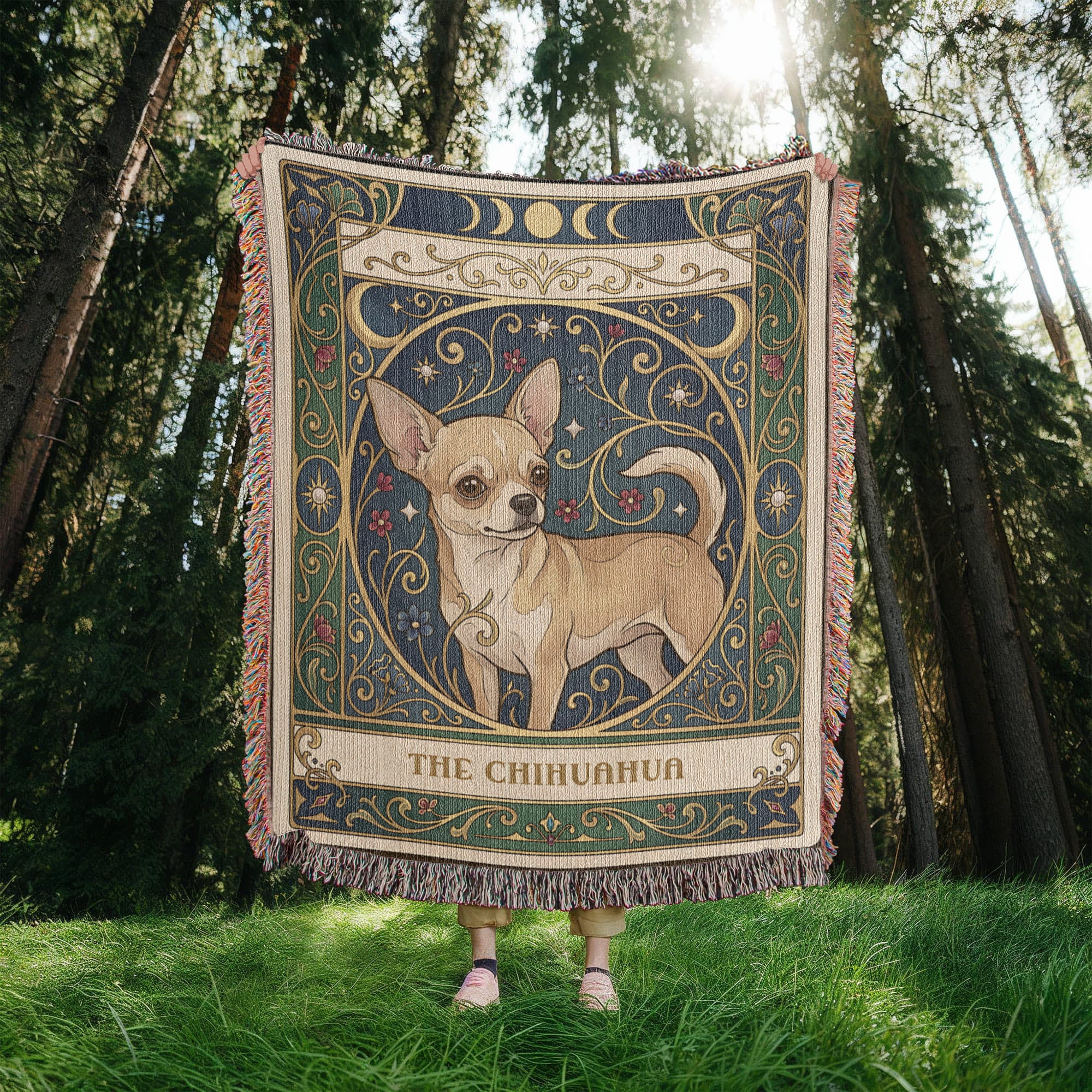 🐾 Woven Blanket Tarot Card - Chihuahua Golden Flowers