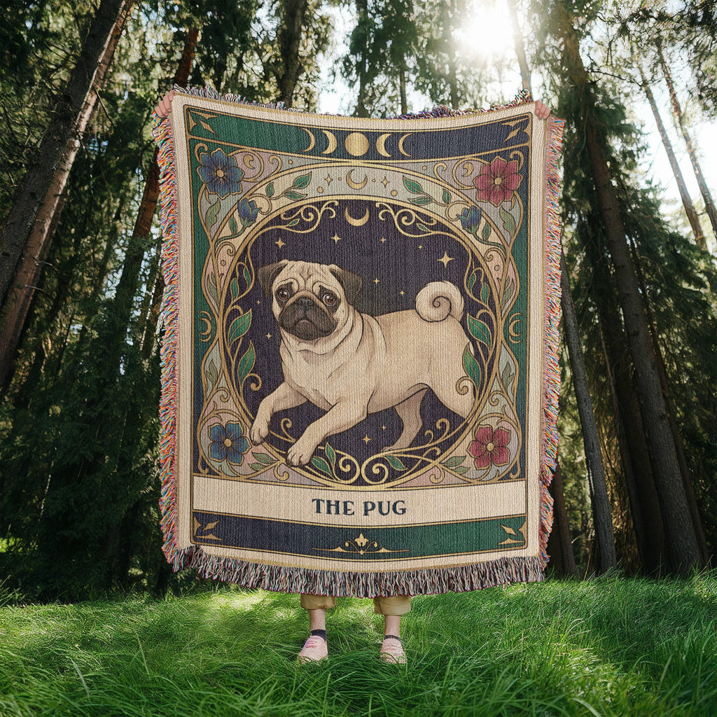 🐾 Woven Blanket Tarot Card - Pug Stained Glass