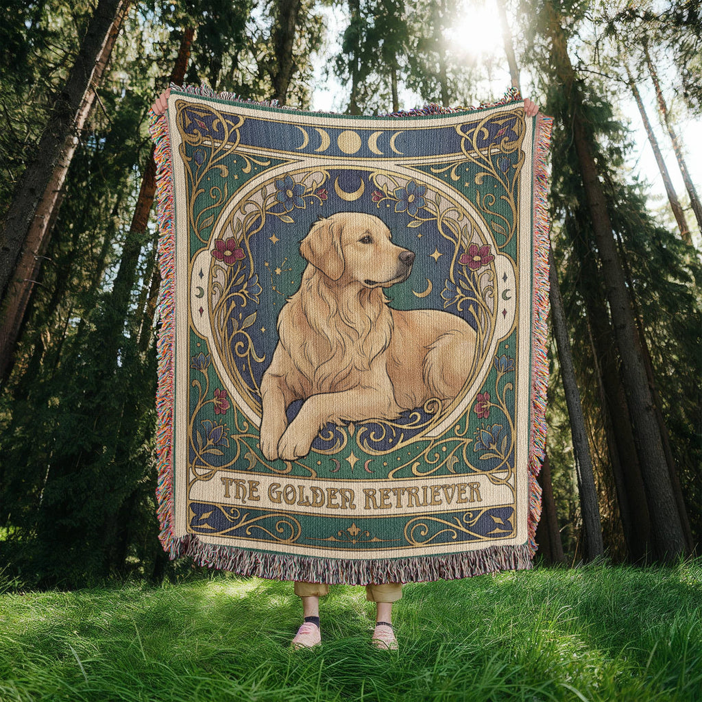 🐾 Woven Blanket Tarot Card - Golden retriever golden with red flowers