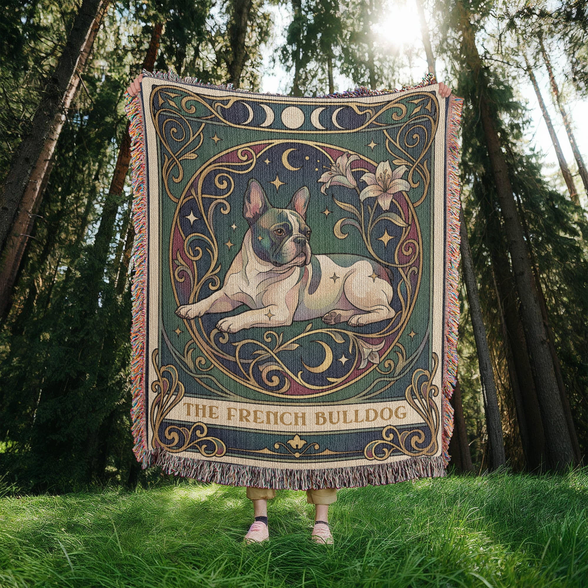 🐾 Woven Blanket Tarot Card - French bulldog Lillies