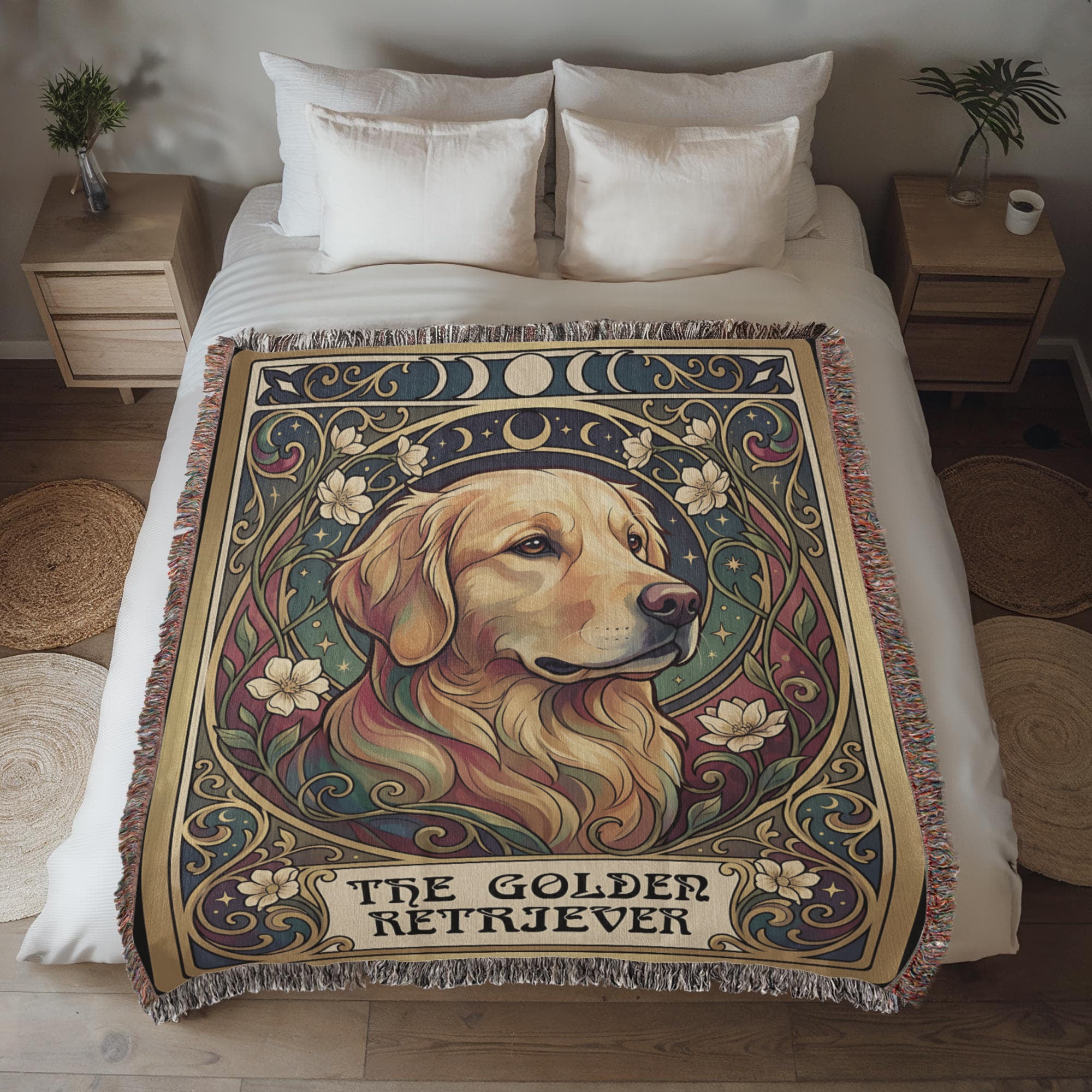 🐾 Woven Blanket Tarot Card - Golden Retriever Gold Frame with flowers