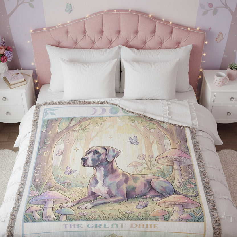 Great Dane Cottage Core Art Nouveau Tarot Woven Blanket - Heirloom Cotton Throw
