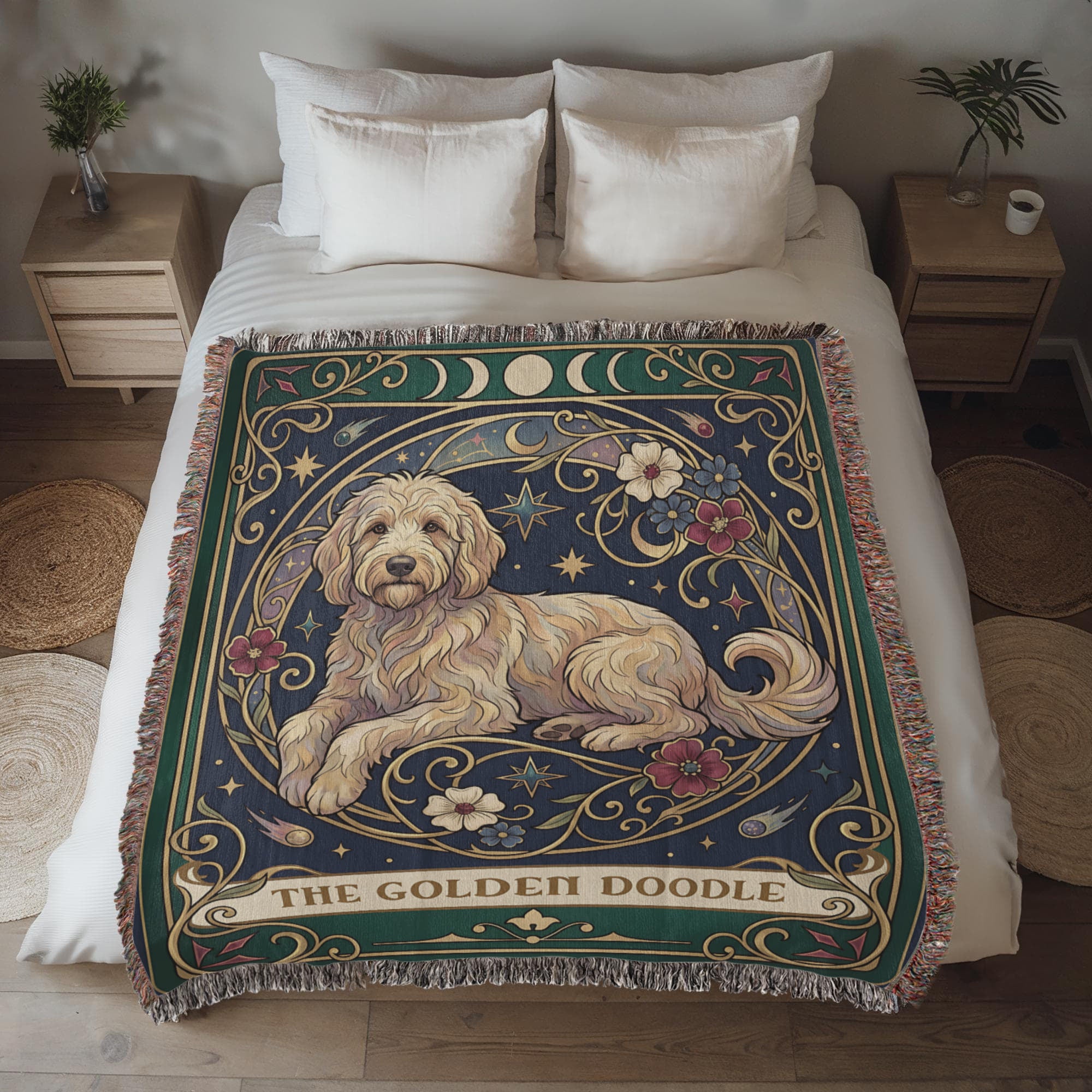 🐾 Woven Blanket Tarot Card - Golden Doodle Laying in flowers