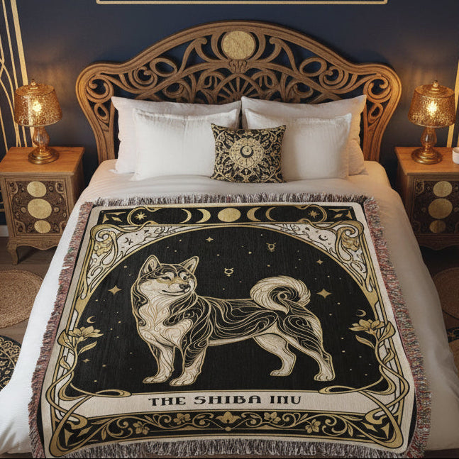 Decorative bedroom with celestial-themed bedding and wall art.