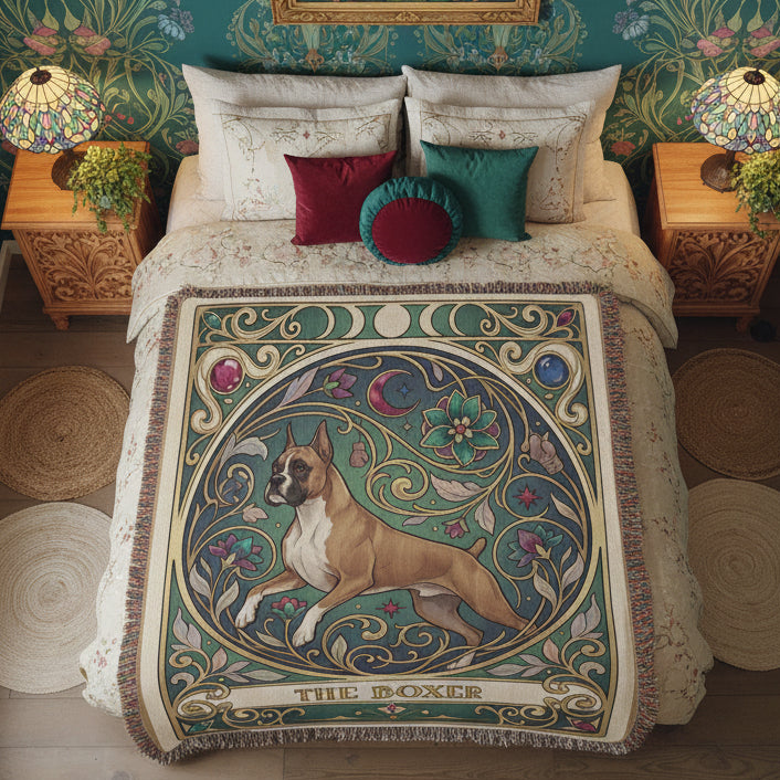Decorative bedspread with a dog design in a room with floral wallpaper and framed pictures.
