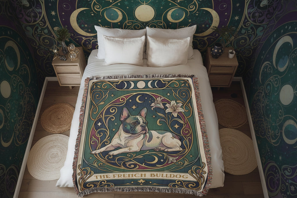 🐾 Woven Blanket Tarot Card - French bulldog Lillies