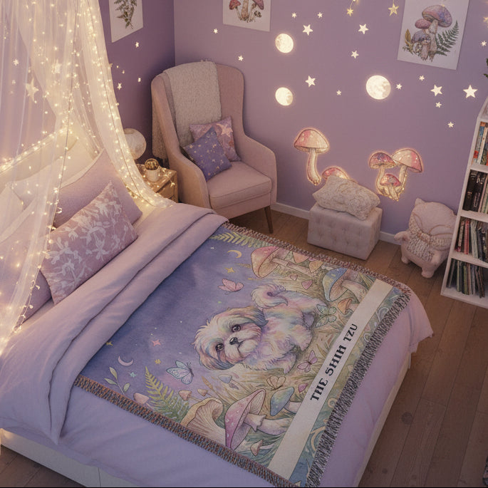 Children's bedroom with a purple theme, fairy lights, and a decorative blanket with a dog design.