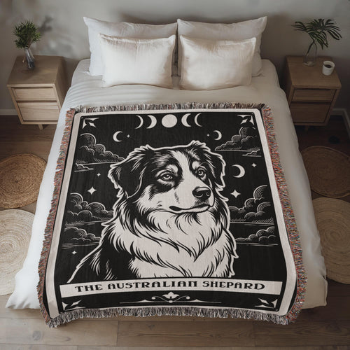 Australian Shepherd Black & White Art Nouveau Tarot Woven Blanket - Heirloom Cotton Throw