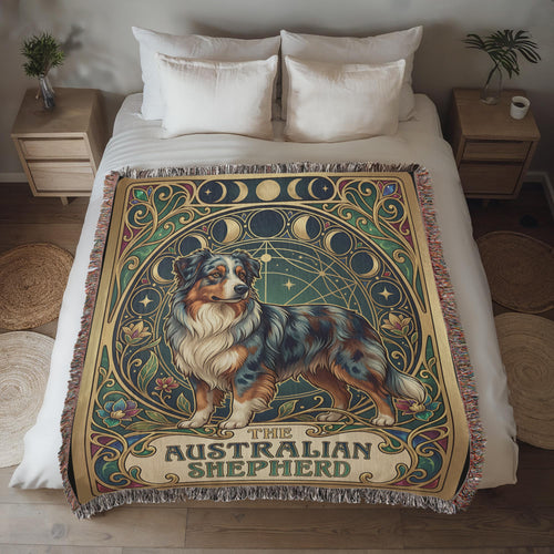 Australian Shepherd Art Deco Art Nouveau Tarot Woven Blanket - Heirloom Cotton Throw
