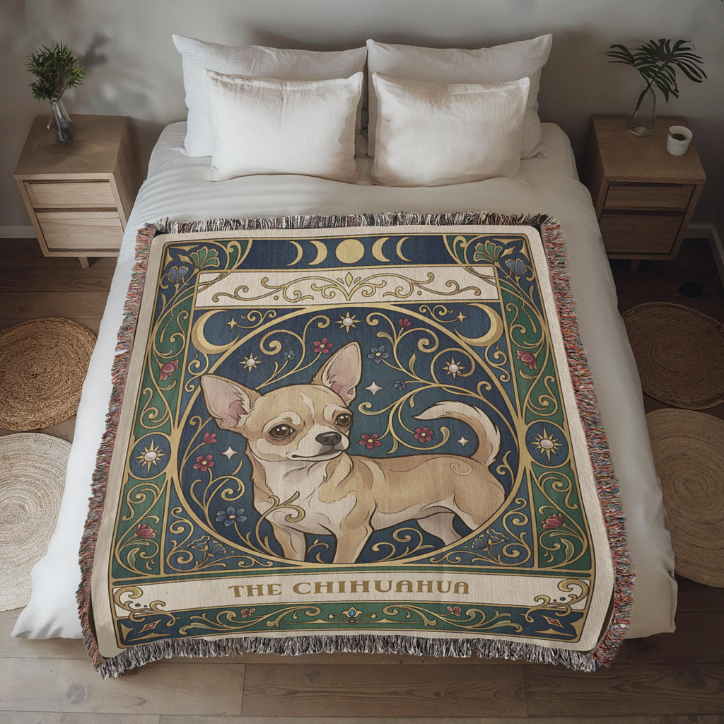 🐾 Woven Blanket Tarot Card - Chihuahua Golden Flowers