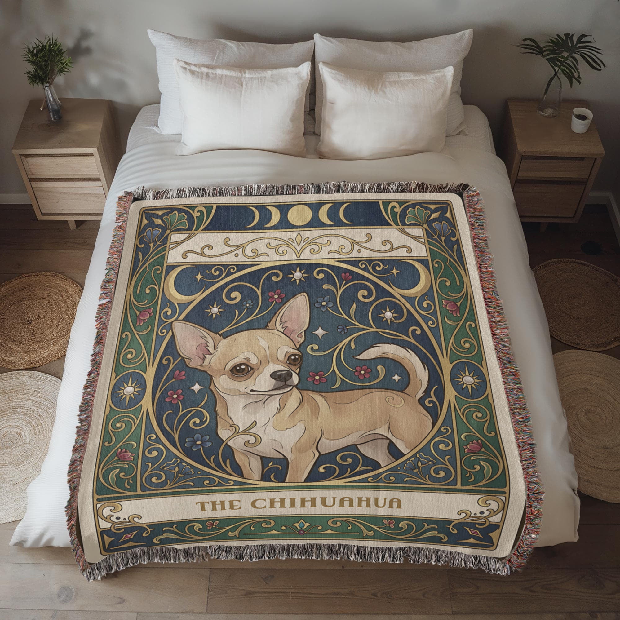 🐾 Woven Blanket Tarot Card - Chihuahua Golden Flowers
