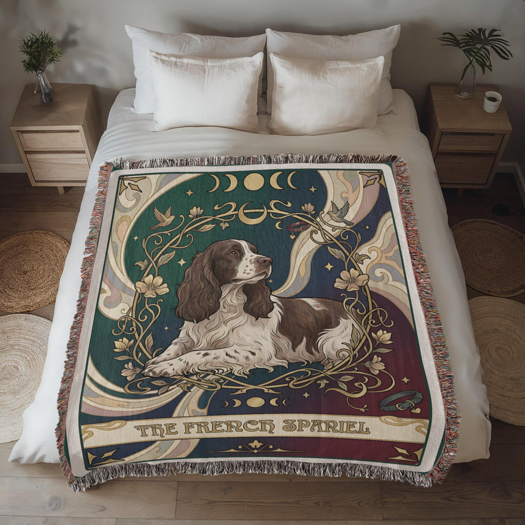 🐾 Woven Blanket Tarot Card - French Spaniel Laying Down
