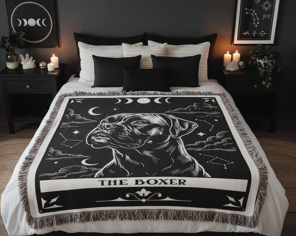 🐾 Woven Blanket Tarot Card - Boxer Black & White