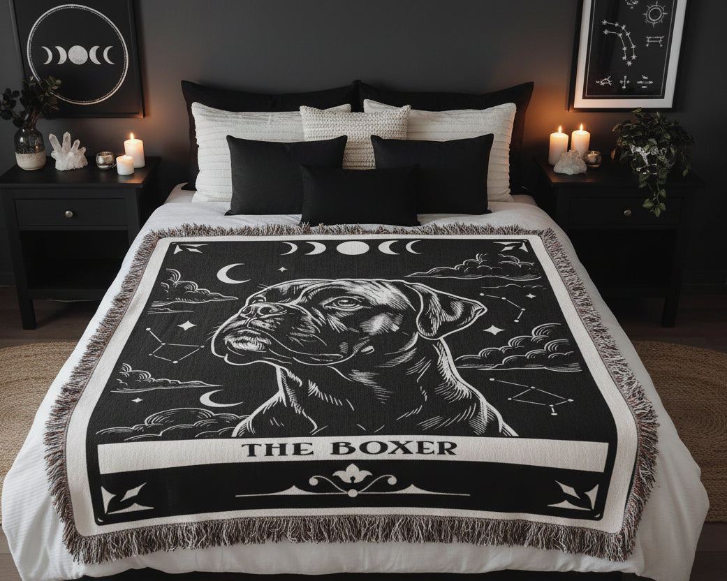 🐾 Woven Blanket Tarot Card - Boxer Black & White