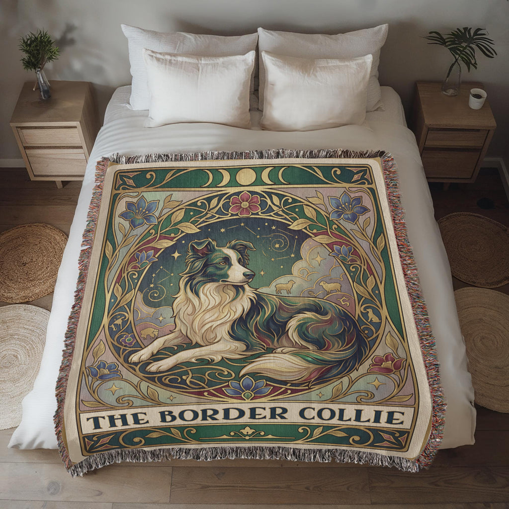 🐾 Woven Blanket Tarot Card - Border Collie Green & Gold