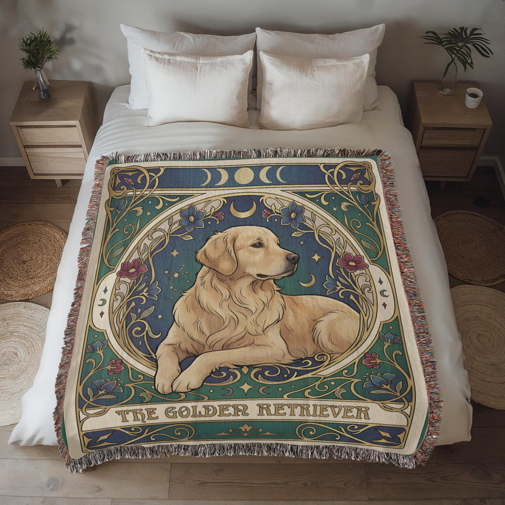 🐾 Woven Blanket Tarot Card - Golden retriever golden with red flowers