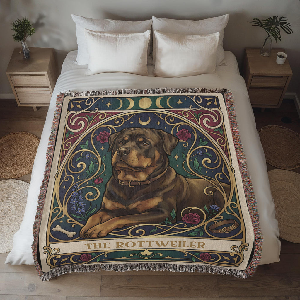 🐾 Woven Blanket Tarot Card - Rottweiler Roses