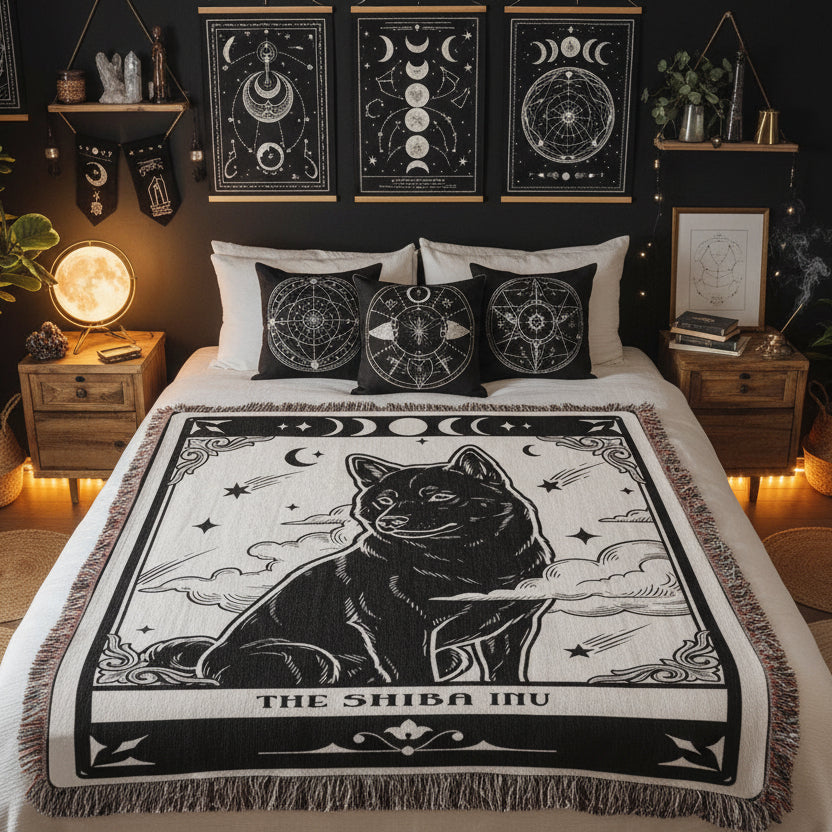 🐾 Woven Blanket Tarot Card - Shiba Imu B&W