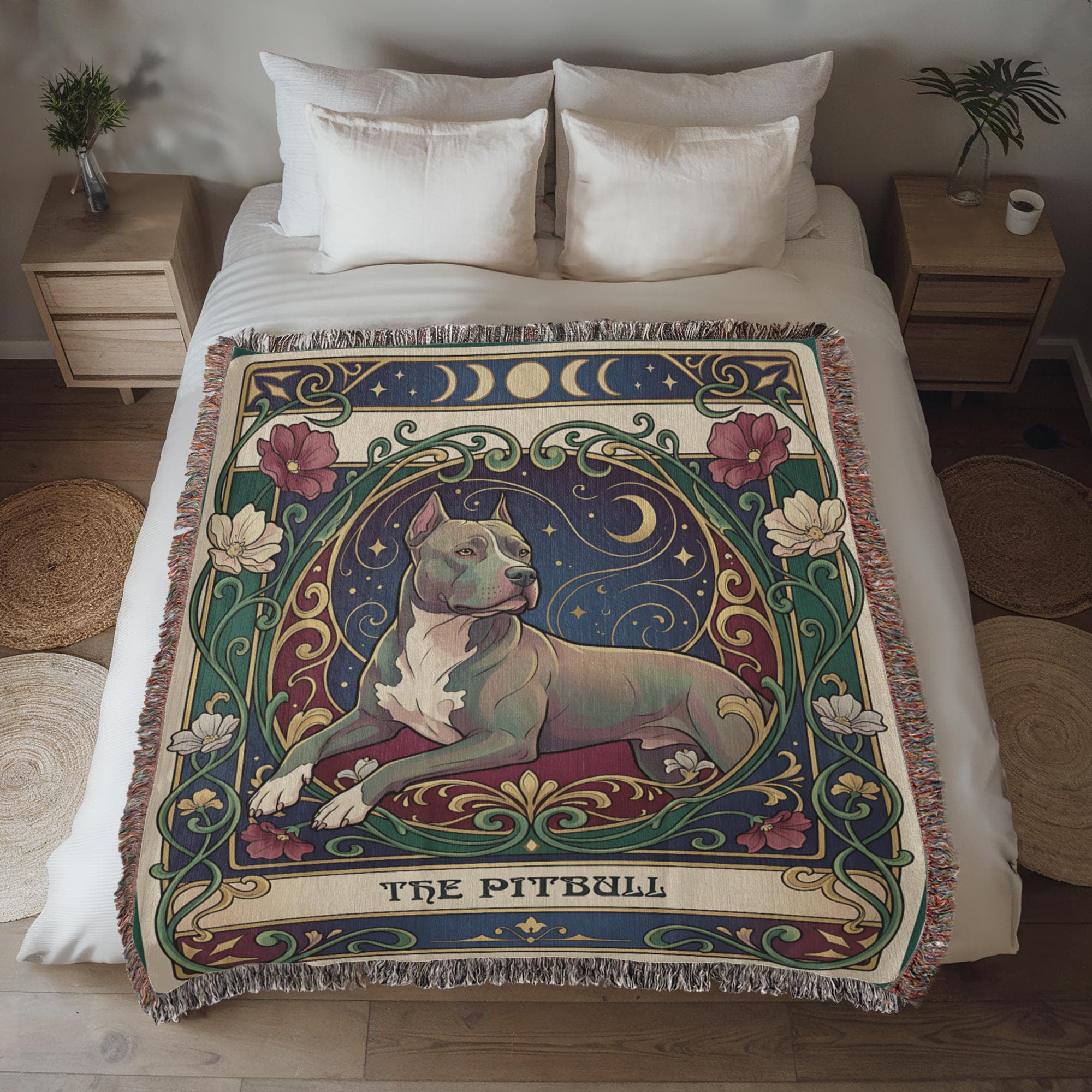 🐾 Woven Blanket Tarot Card - Pitbull laying with flowers