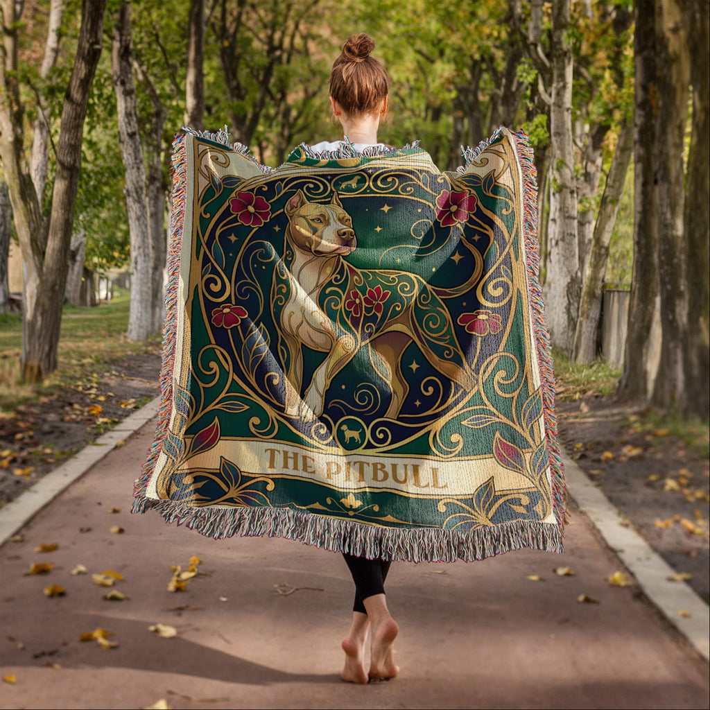 Pitbull Stained Glass Art Nouveau Tarot Woven Blanket - Heirloom Cotton Throw