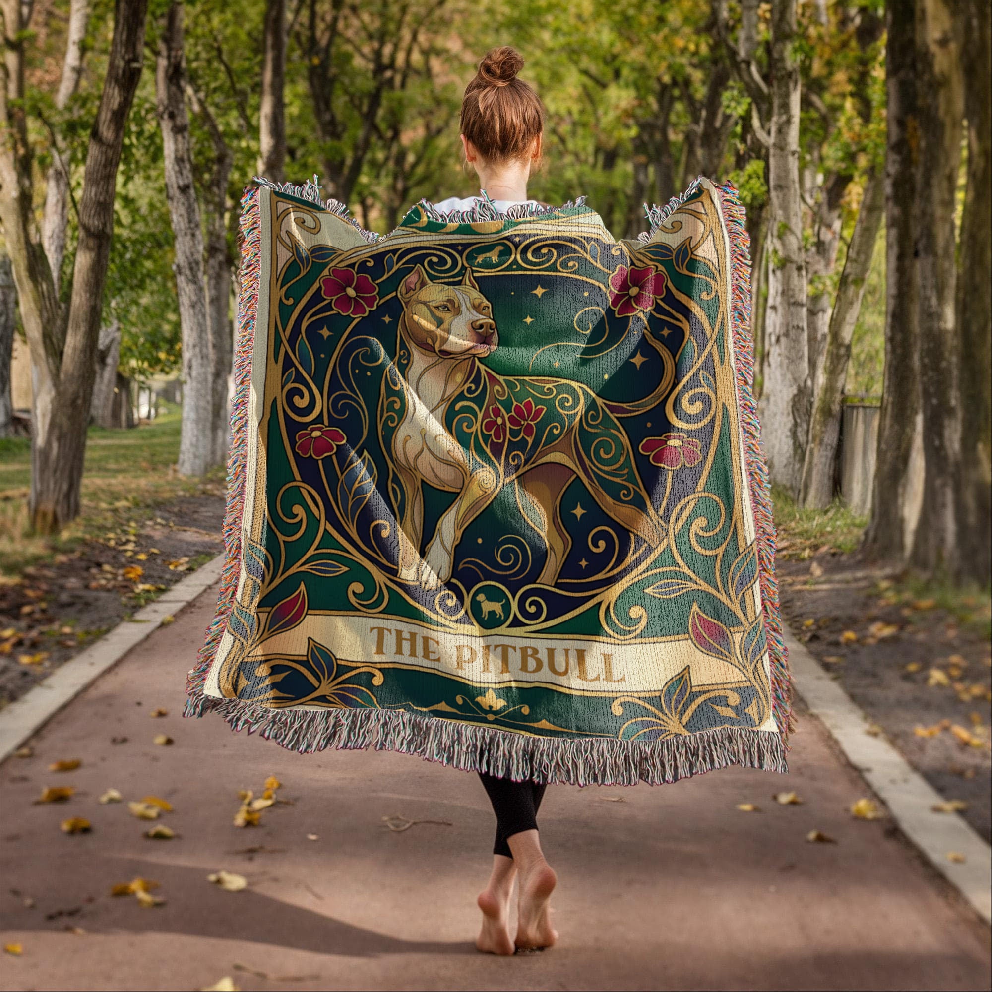 Pitbull Stained Glass Art Nouveau Tarot Woven Blanket - Heirloom Cotton Throw