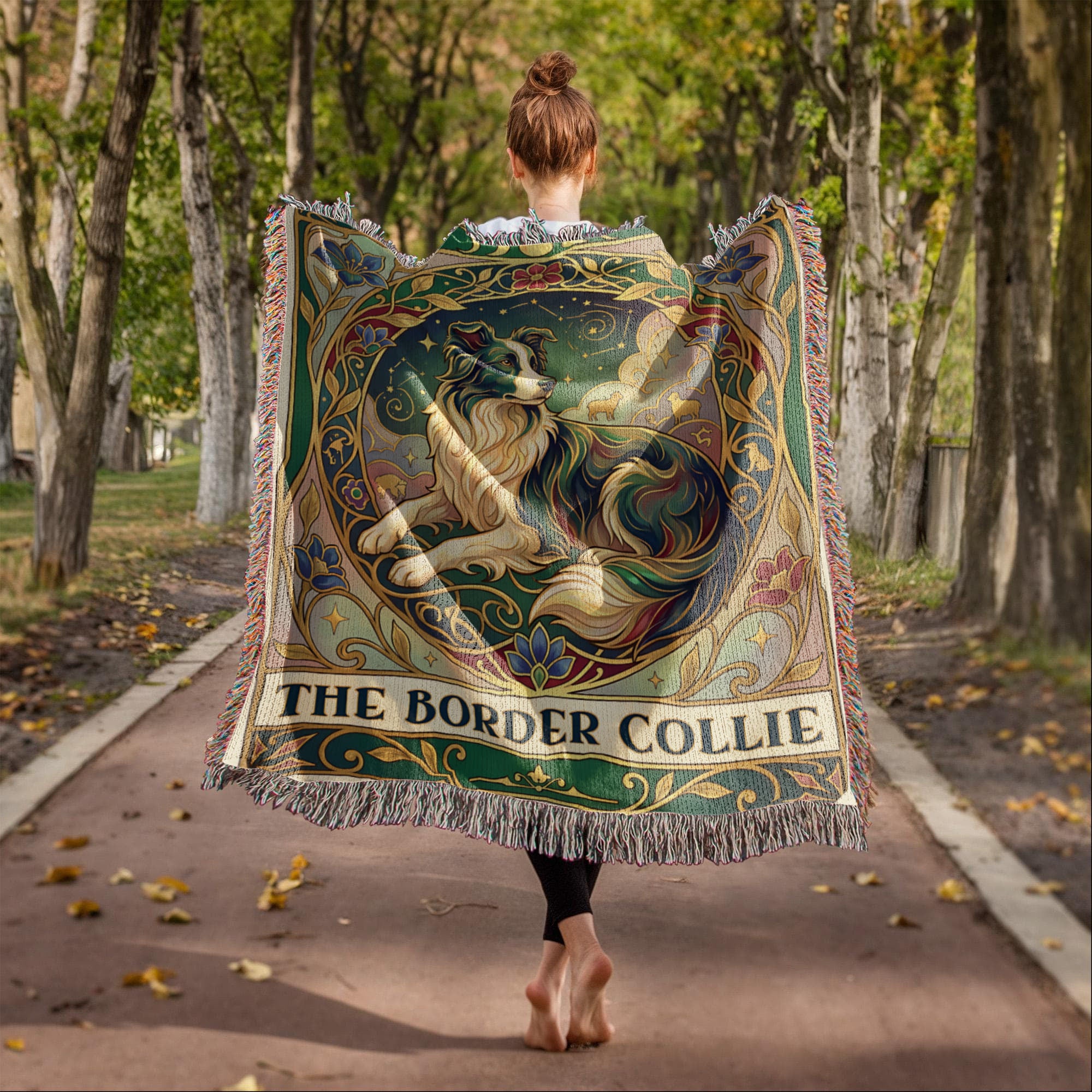 🐾 Woven Blanket Tarot Card - Border Collie Green & Gold