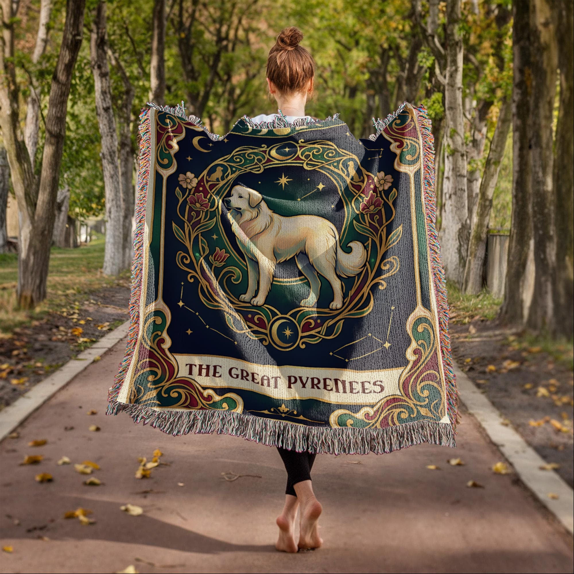 🐾 Woven Blanket Tarot Card - Great Pyrenees Green and Gold