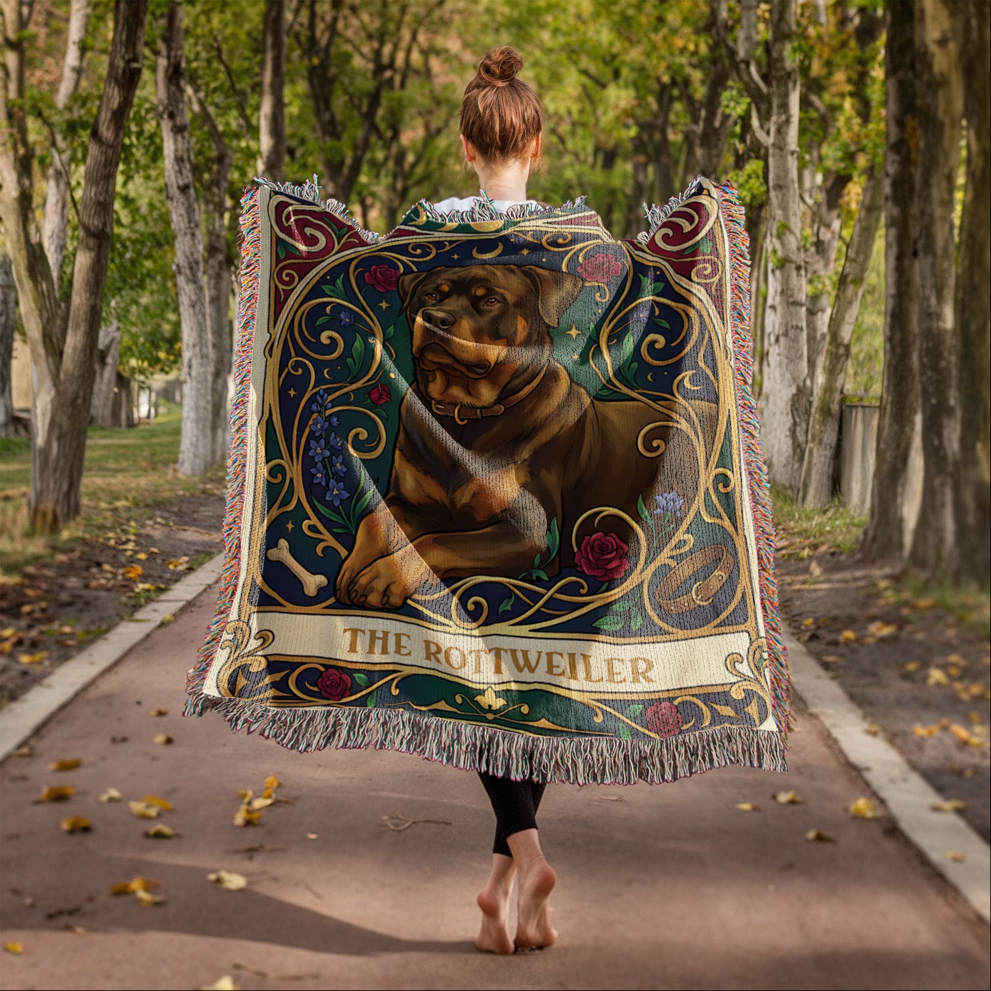 🐾 Woven Blanket Tarot Card - Rottweiler Roses