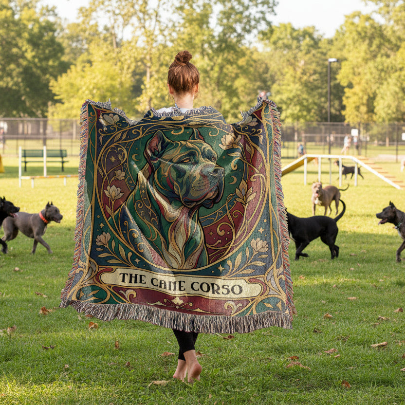 Person holding a decorative blanket with a dog design in a park with dogs.