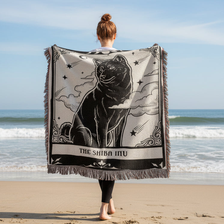 🐾 Woven Blanket Tarot Card - Shiba Imu B&W