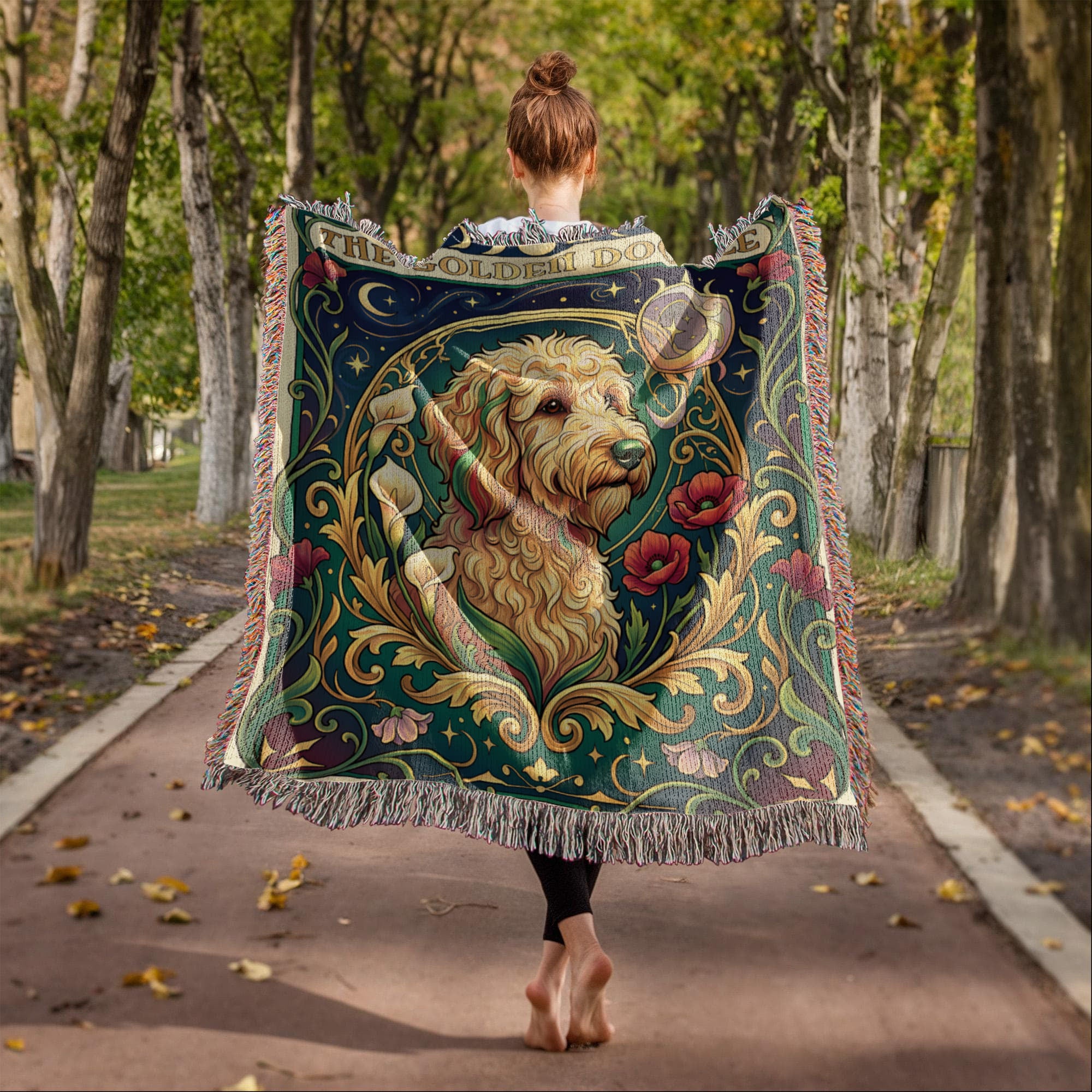 🐾 Woven Blanket Tarot Card - Golden Doodle Lillies