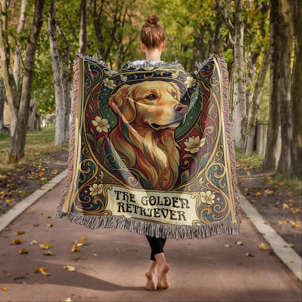 🐾 Woven Blanket Tarot Card - Golden Retriever Gold Frame with flowers